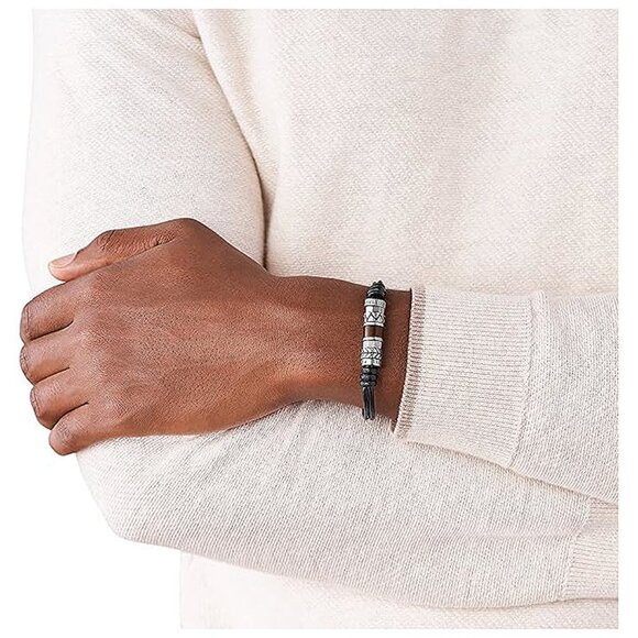 Men's Stainless Steel and Genuine Leather and/or Beaded Bracelet Black Cord - Picture 3 of 4